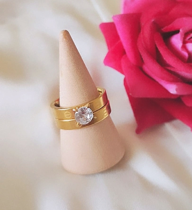 Bague 2 pièces en acier inoxydable solitaire