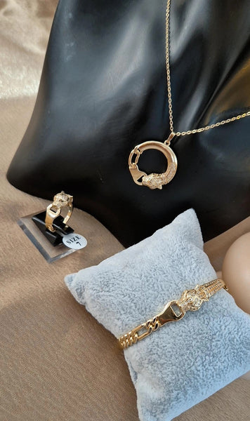 Ensemble Jaguar Collier + bracelet jonc + boucles d'oreilles + bague assortis