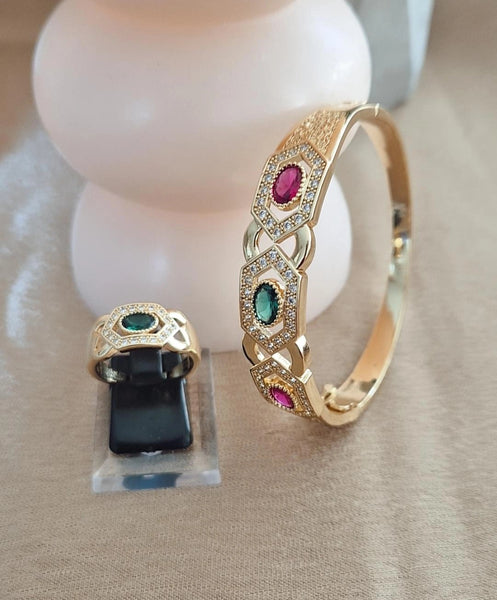 Ensemble Bracelet jonc et bague pierres rouge et verte