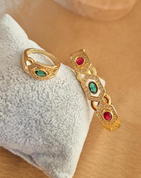 Ensemble Bracelet jonc et bague pierres rouge et verte