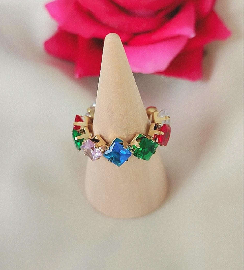 Bague ajustable en acier inoxydable multi pierres multicolores