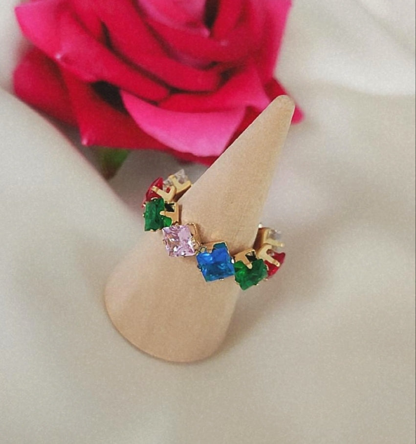 Bague ajustable en acier inoxydable multi pierres multicolores