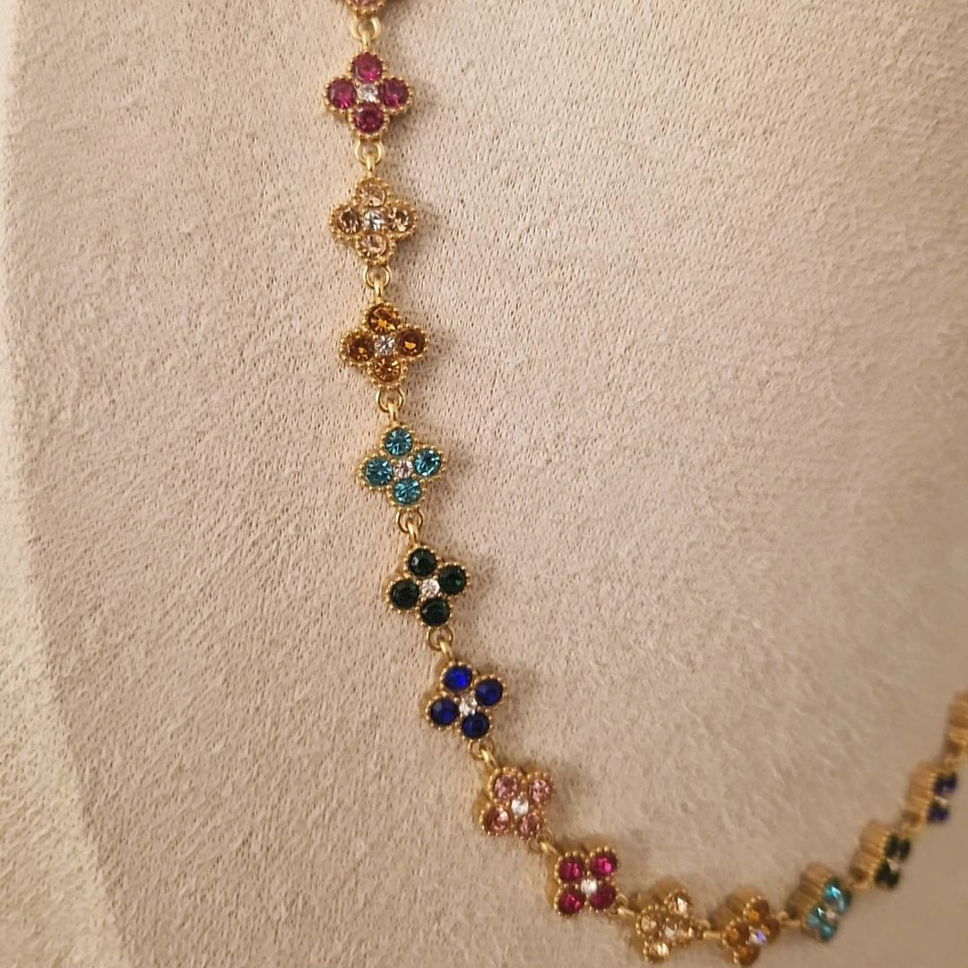 Collier en acier inoxydable fleurs de strass multicolores