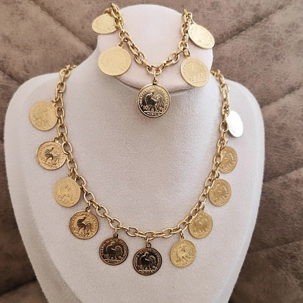 Ensemble Collier + bracelet en acier inoxydable multi pampilles pièces F'Roj (Coq)