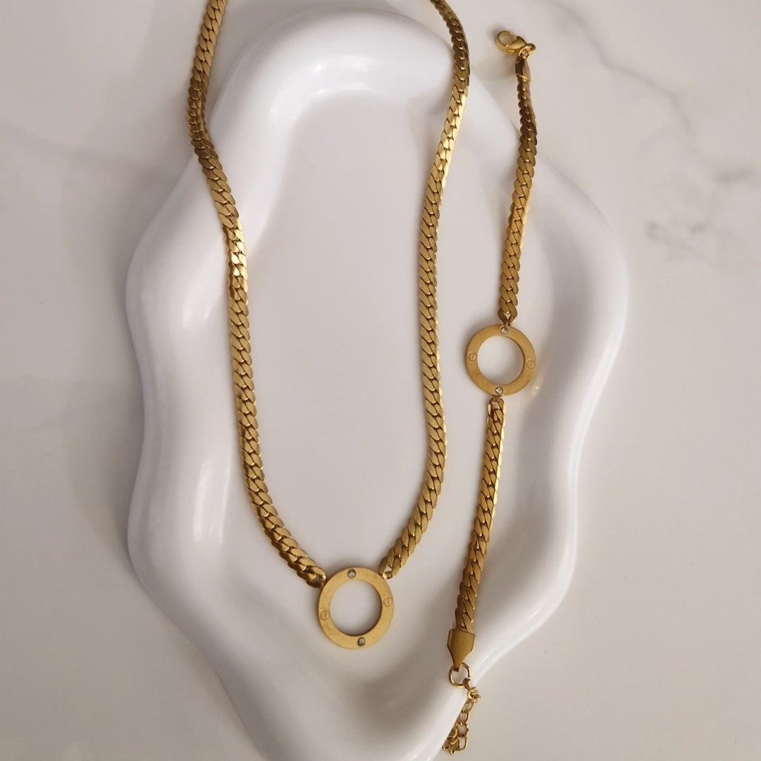 Ensemble Collier + bracelet en acier inoxydable maille plate cercle