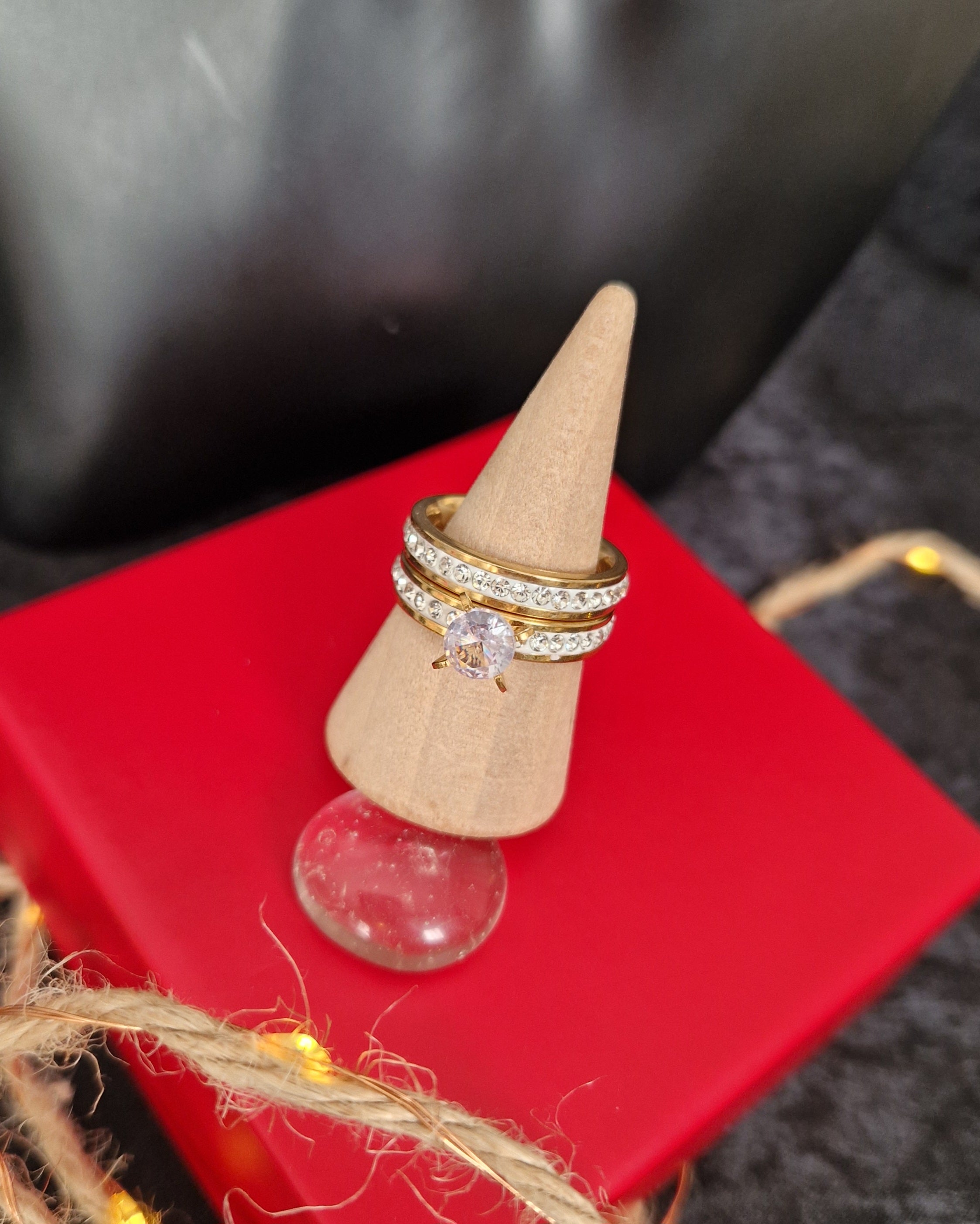 Bague 2 pièces en acier inoxydable strass et solitaire