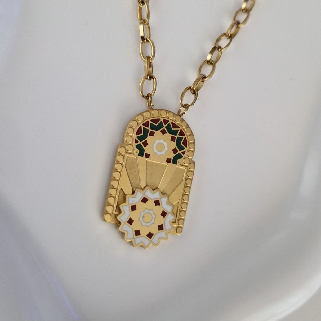 Collier beldi en acier inoxydable porte orientale Bab El Mansour motif Zellige