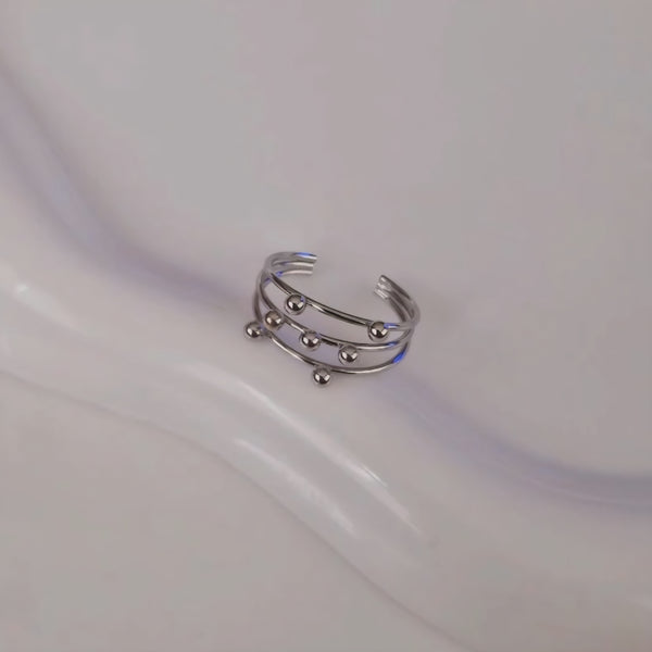 Bague ajustable en acier inoxydable triple rangs billes argentées