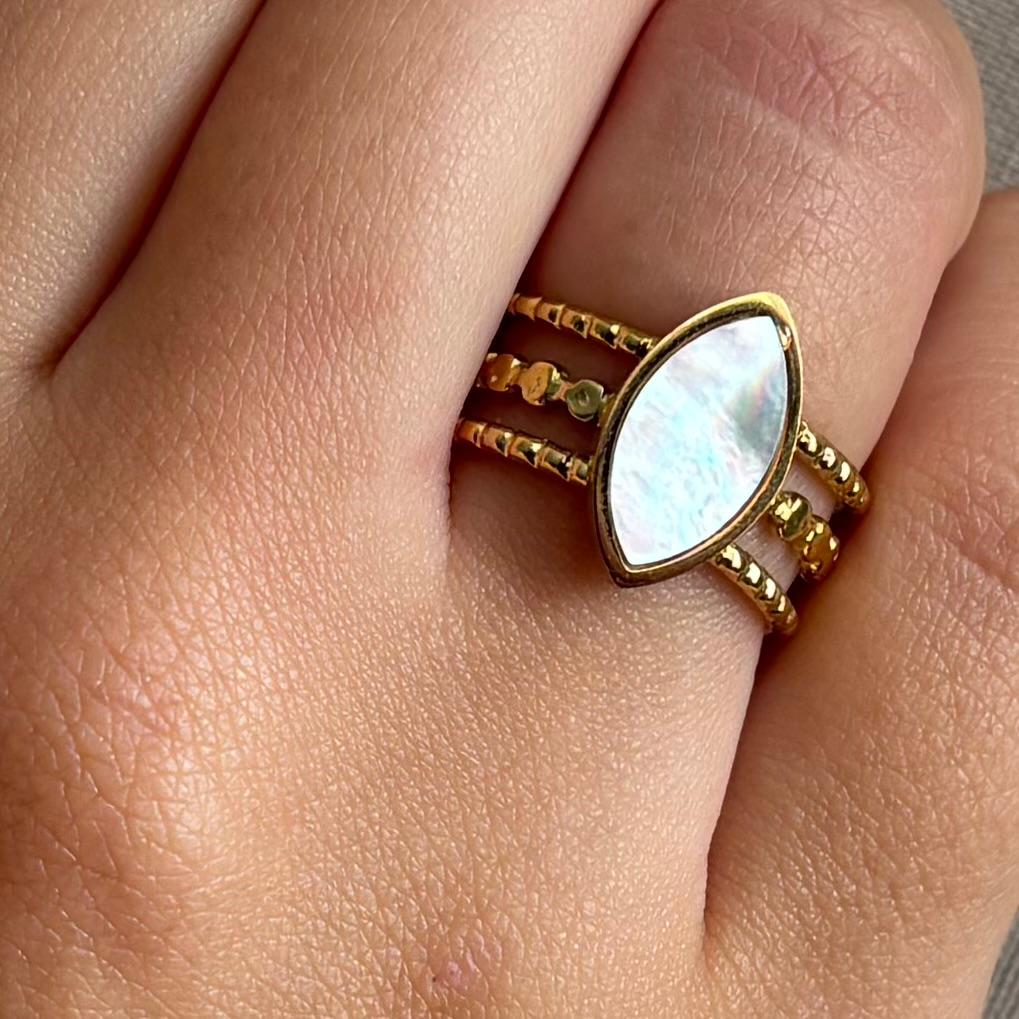 Bague ajustable en acier inoxydable bohème pierre blanche nacrée