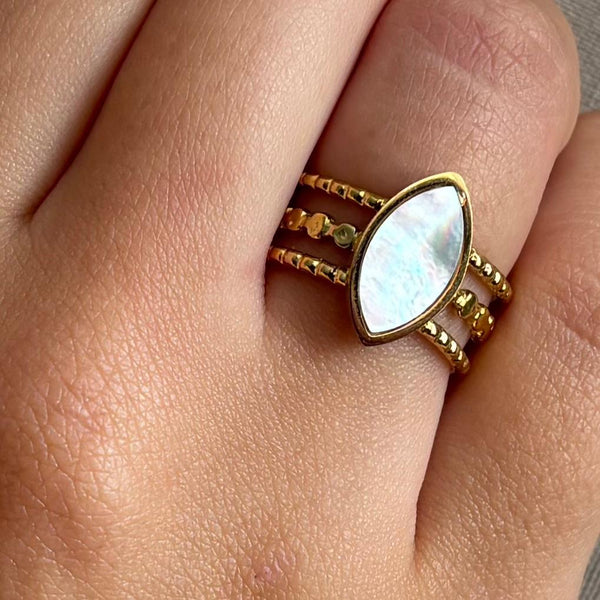 Bague ajustable en acier inoxydable bohème pierre blanche nacrée