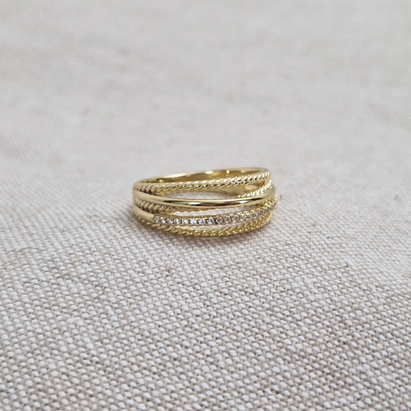 Bague en acier inoxydable lignes entrecroisées et strass