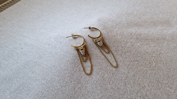 Boucles d'oreilles mini créoles en acier inoxydable strass et chaînes pendantes