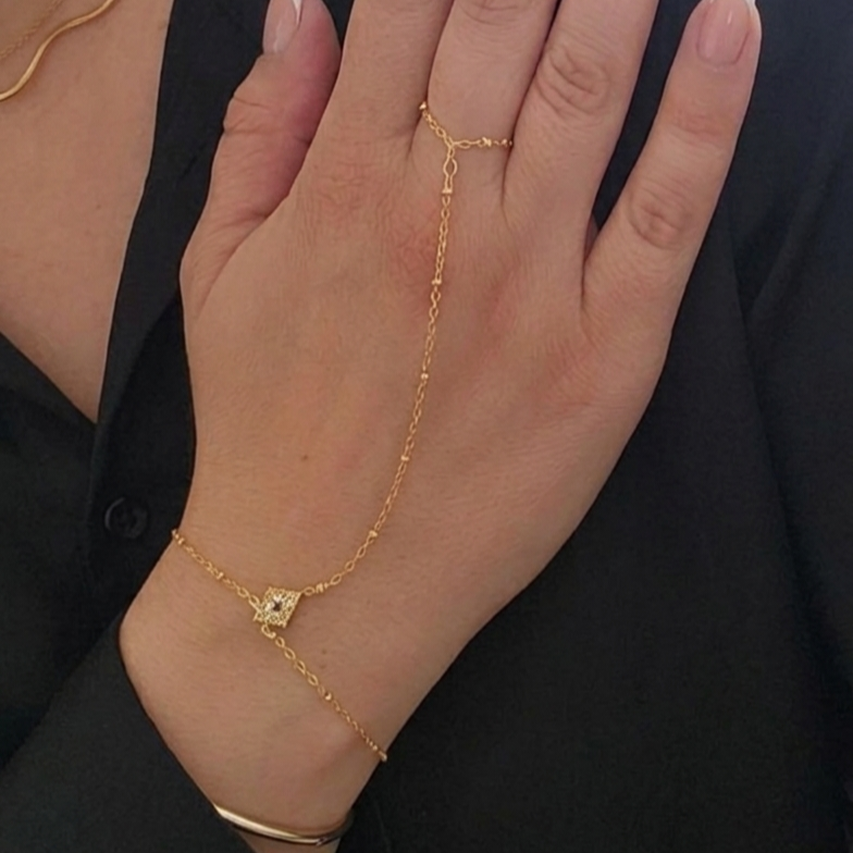Chaîne de main / Bracelet en acier inoxydable billes dorées losange et strass