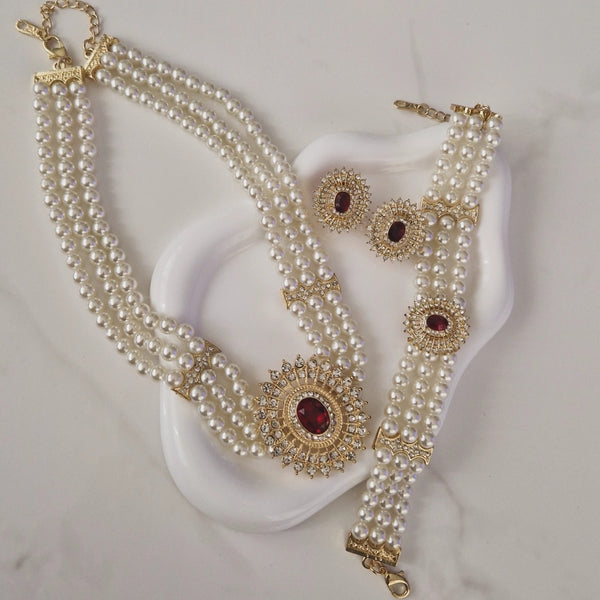 Ensemble Collier choker + bracelet à perles + les boucles d'oreilles assorties pendentifs beldi