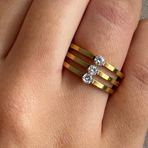 Bague ajustable en acier inoxydable triple lignes et strass