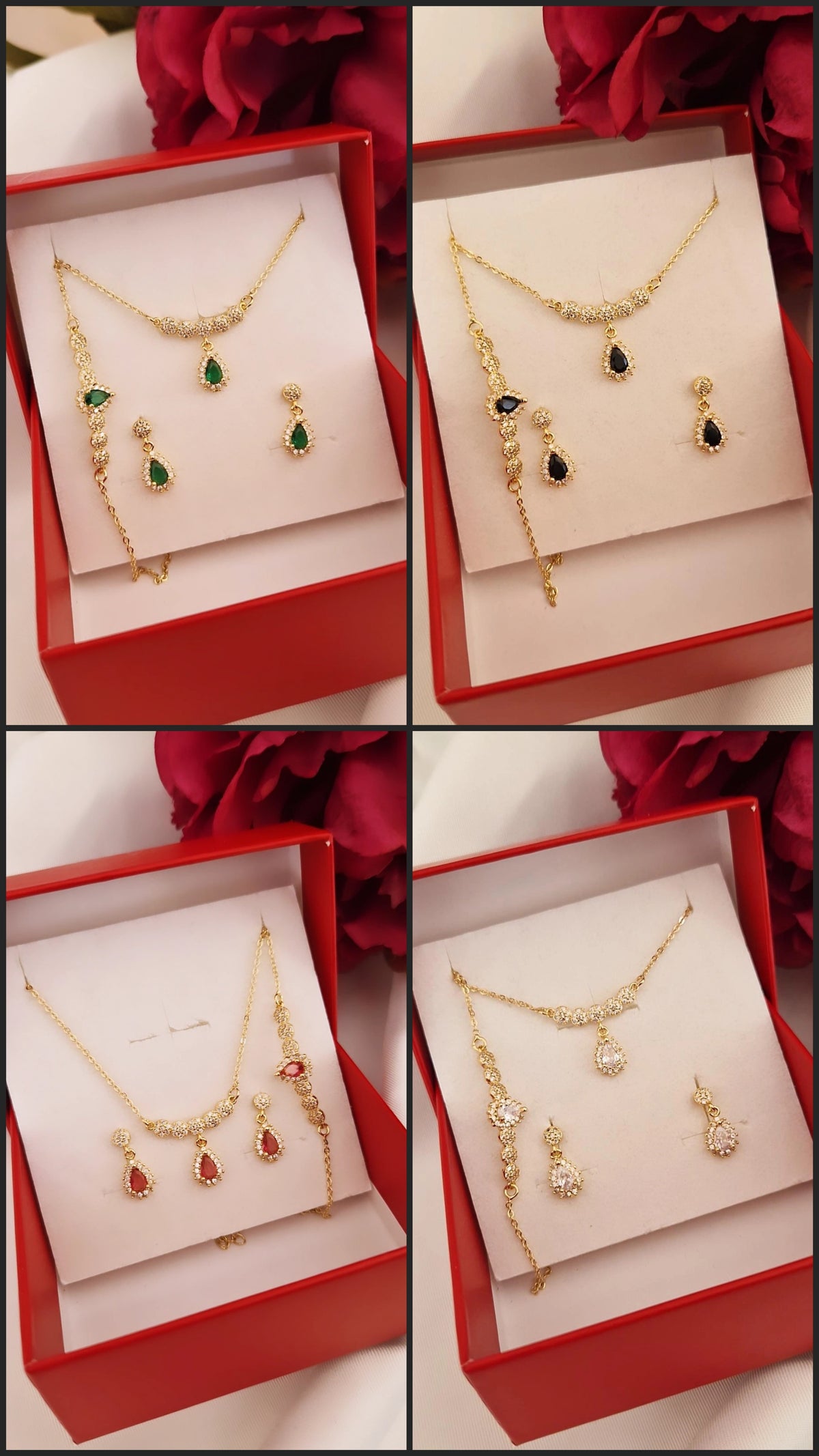 Ensemble parure collier bracelet et boucles d’oreilles style gouttes et strass