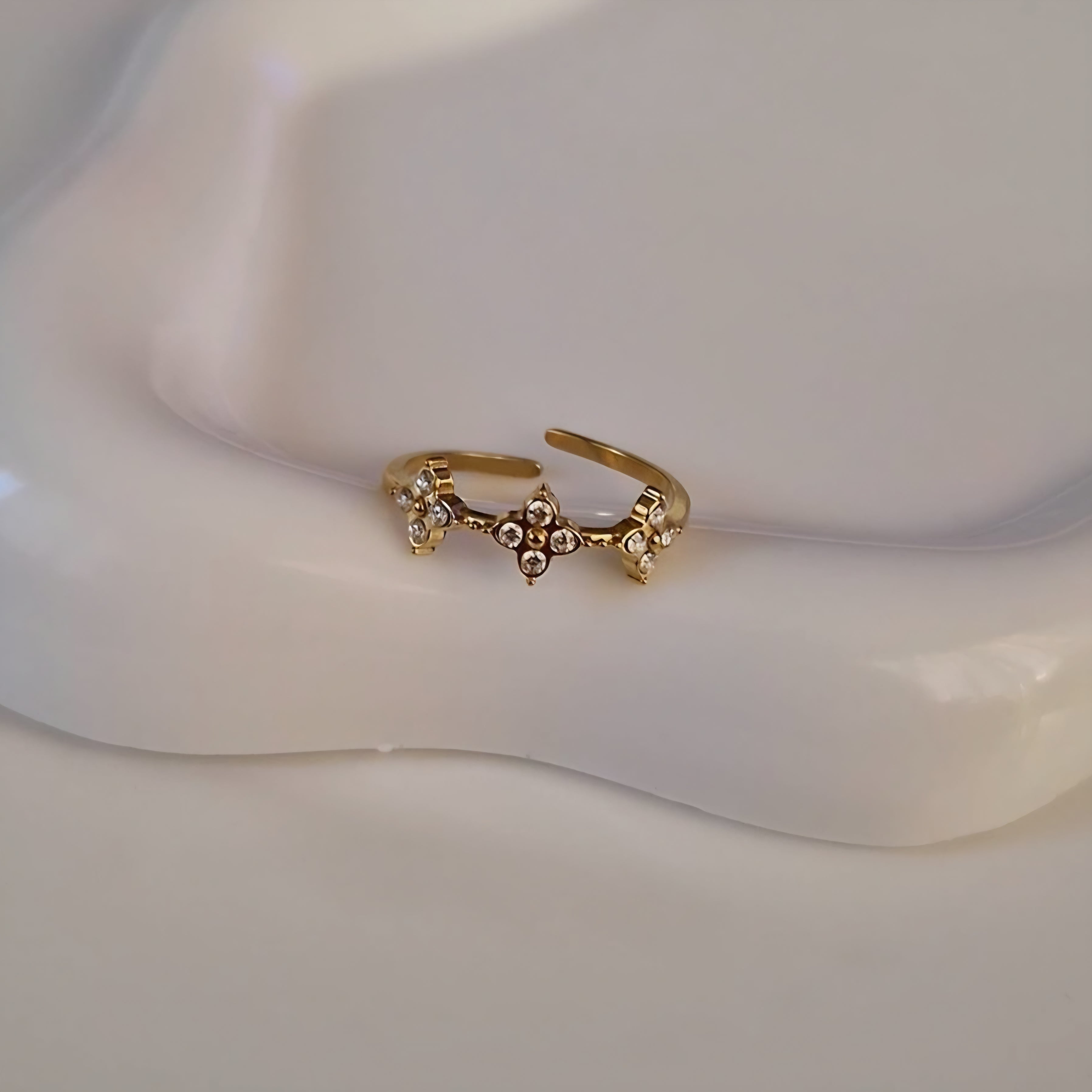 Bague ajustable en acier inoxydable fleurs de strass