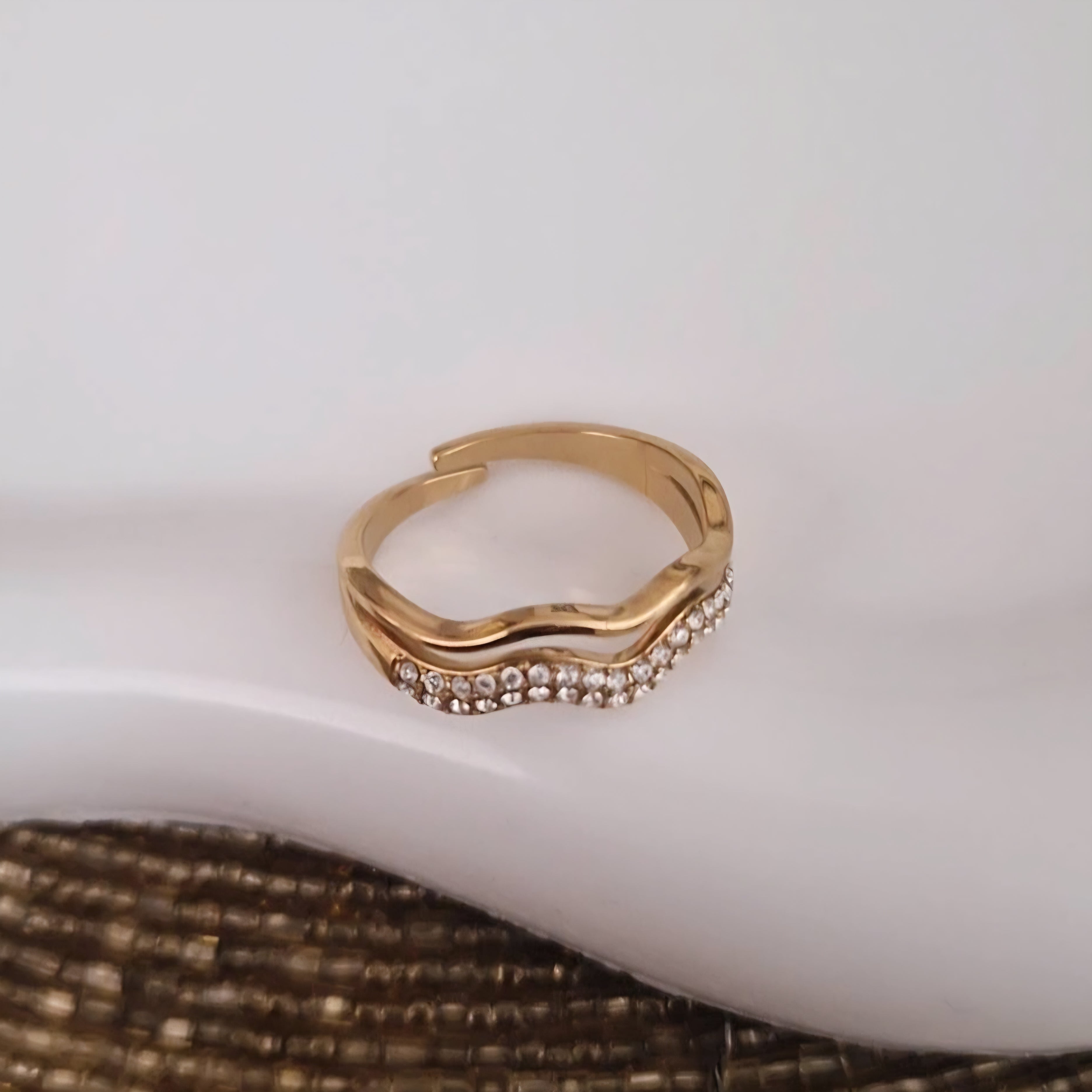 Bague ajustable en acier inoxydable double rangs vague de strass