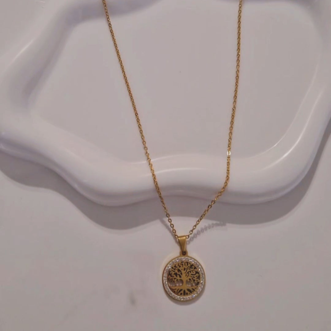 Collier en acier inoxydable arbre de vie et strass