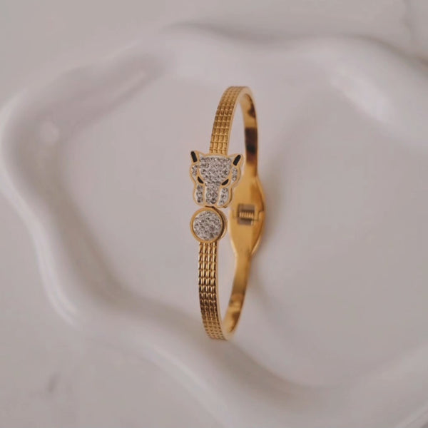 Bracelet jonc en acier inoxydable panthère et strass
