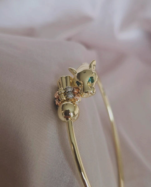 Bracelet jonc jaguar yeux verts et perles ajustable