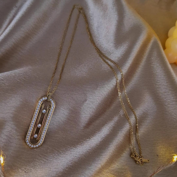 Collier sautoir en acier inoxydable ovale avec strass