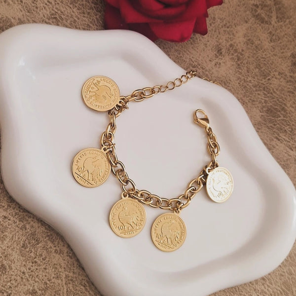 Ensemble Collier + bracelet en acier inoxydable multi pampilles pièces F'Roj (Coq)