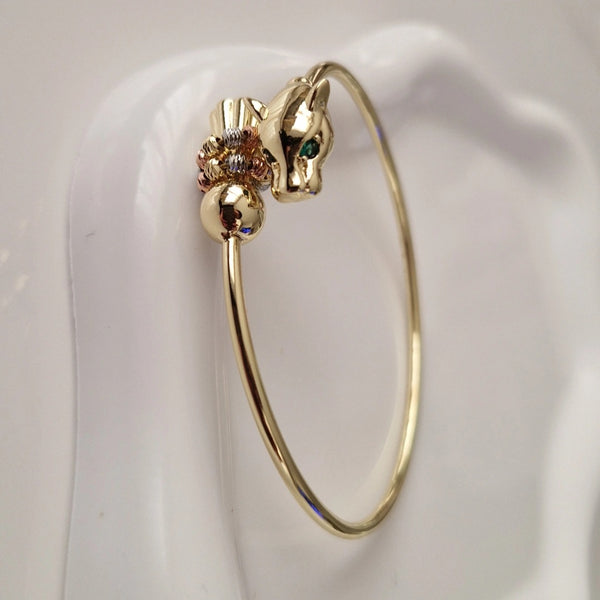 Bracelet jonc jaguar yeux verts et perles ajustable