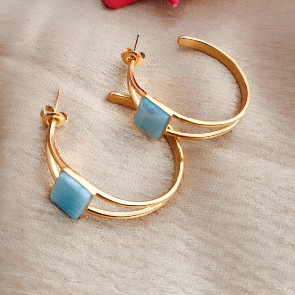 Boucles d'oreille créoles en acier inoxydable double rangs et pierre bleue ou blanche