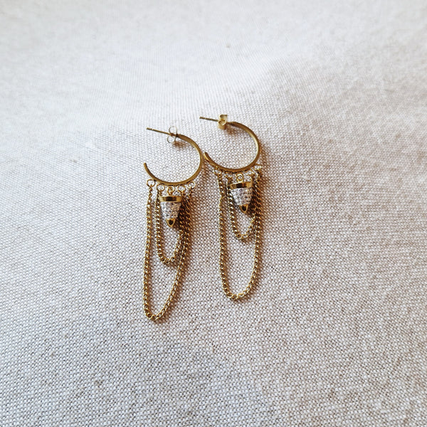 Boucles d'oreilles mini créoles en acier inoxydable strass et chaînes pendantes