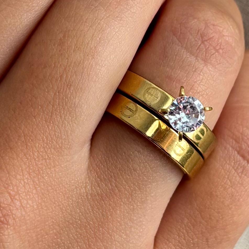 Bague 2 pièces en acier inoxydable solitaire