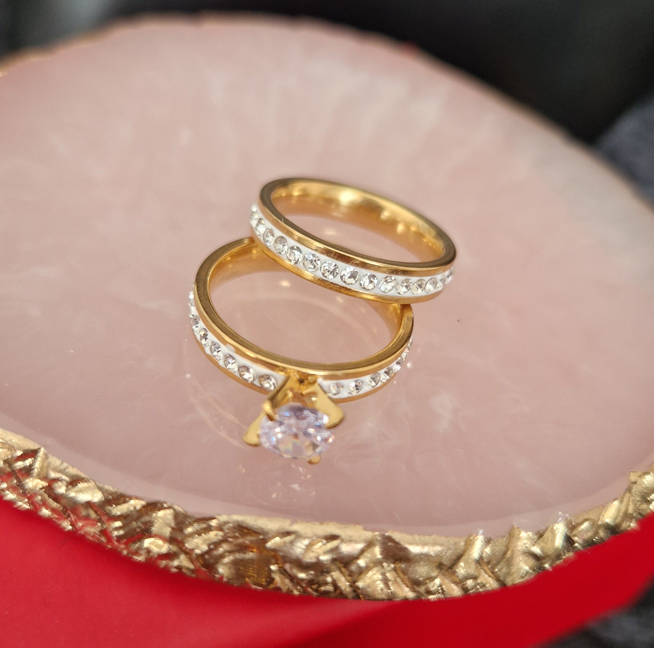 Bague 2 pièces en acier inoxydable strass et solitaire