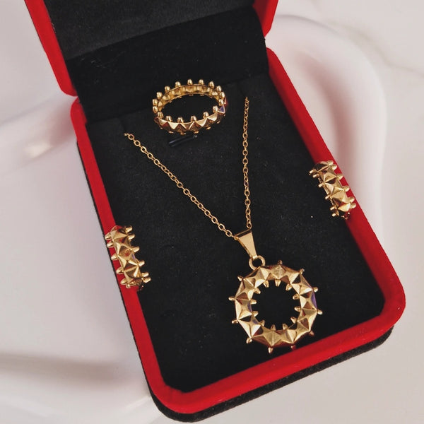 Ensemble Collier + boucles d'oreilles + bague assortis cercles pics