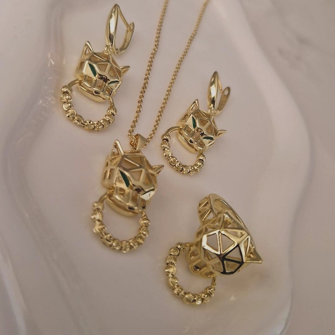 Ensemble Beldi Collier + boucles d'oreilles + bague assortis Jaguar et yeux verts