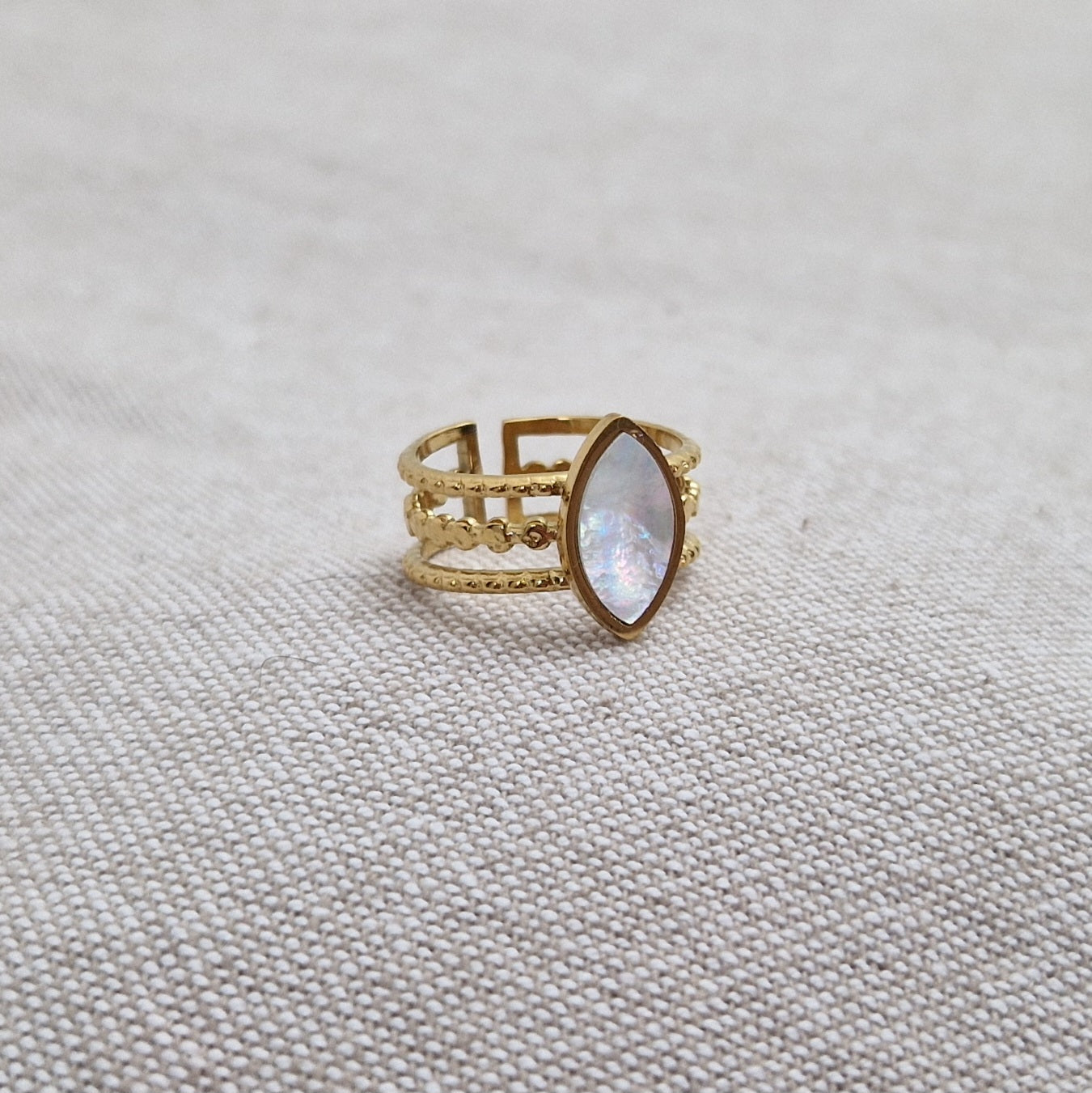 Bague ajustable en acier inoxydable bohème pierre blanche nacrée