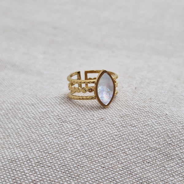 Bague ajustable en acier inoxydable bohème pierre blanche nacrée