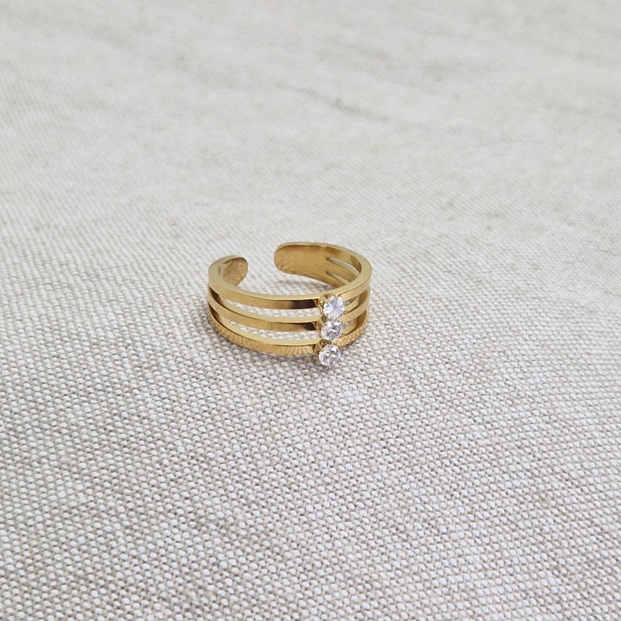 Bague ajustable en acier inoxydable triple lignes et strass