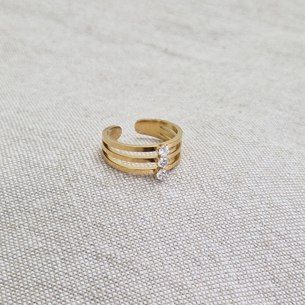 Bague ajustable en acier inoxydable triple lignes et strass