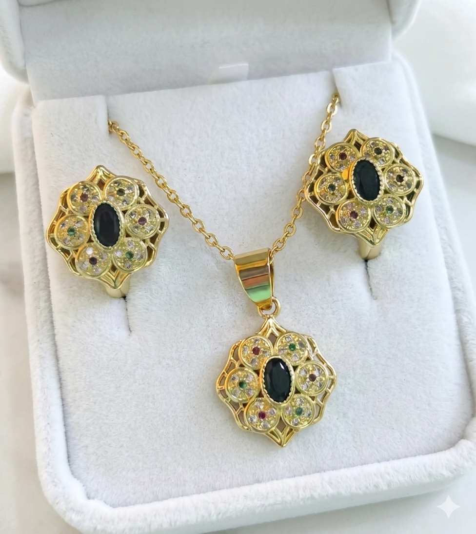 Ensemble parure collier et boucles d’oreilles fleurs et strass