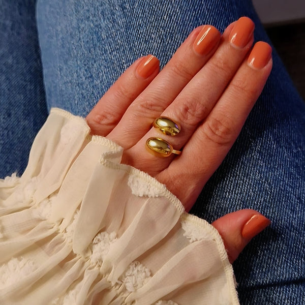 Bague ajustable en acier inoxydable double gouttes dorées