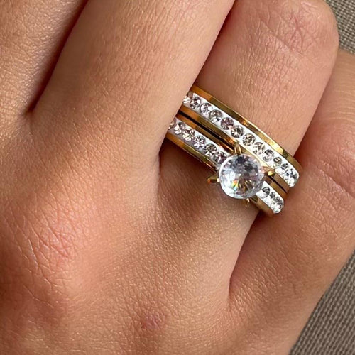 Bague 2 pièces en acier inoxydable strass et solitaire