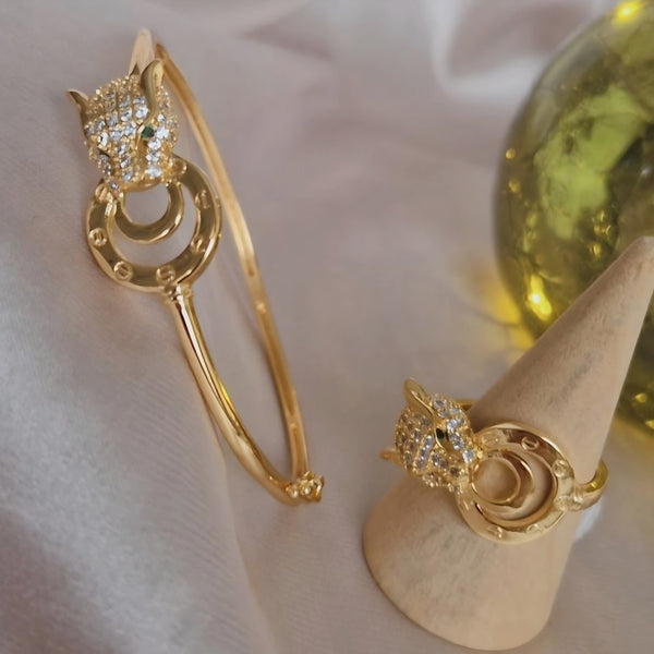 Ensemble bracelet jonc + bague assortis Jaguar et strass en plaqué or