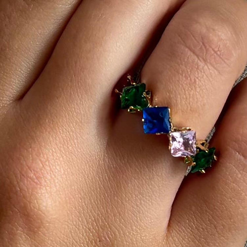 Bague ajustable en acier inoxydable multi pierres multicolores