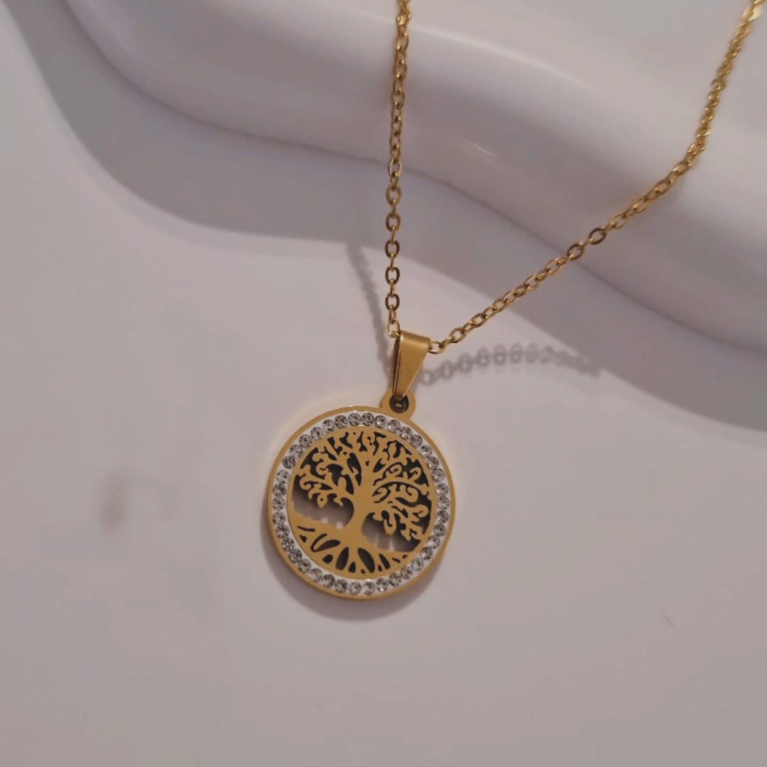 Collier en acier inoxydable arbre de vie et strass