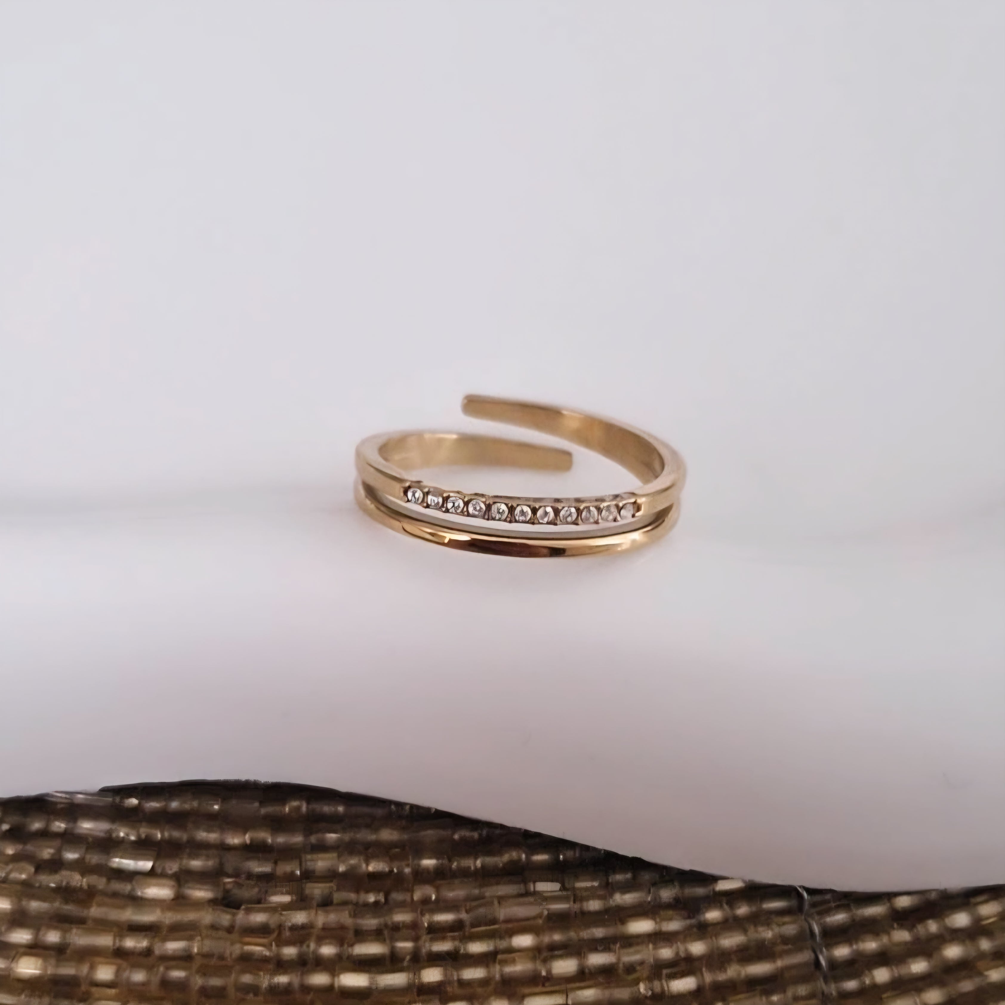 Bague ajustable en acier inoxydable double lignes et strass
