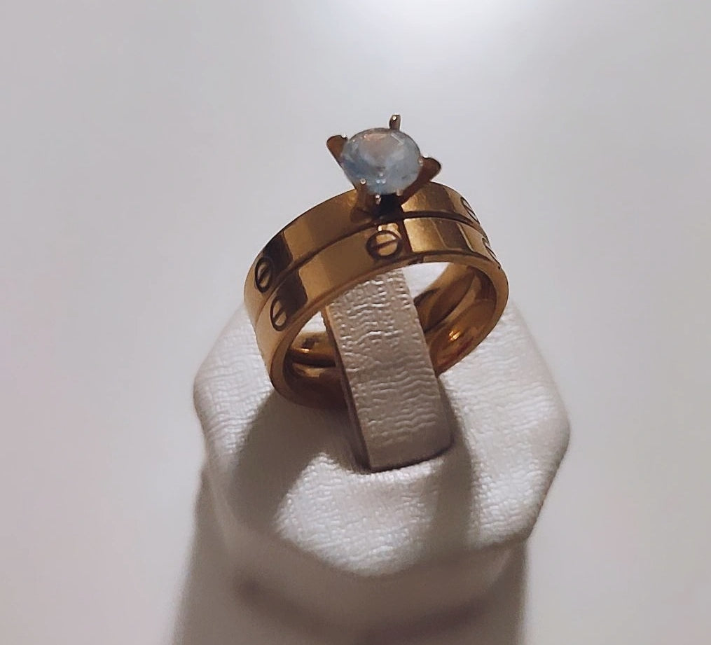 Bague 2 pièces en acier inoxydable solitaire