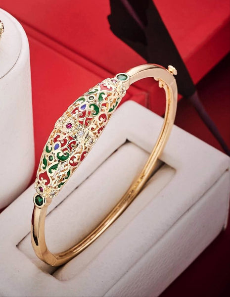 Ensemble Bracelet jonc et bague traditionnels orientaux beldi rouge et vert