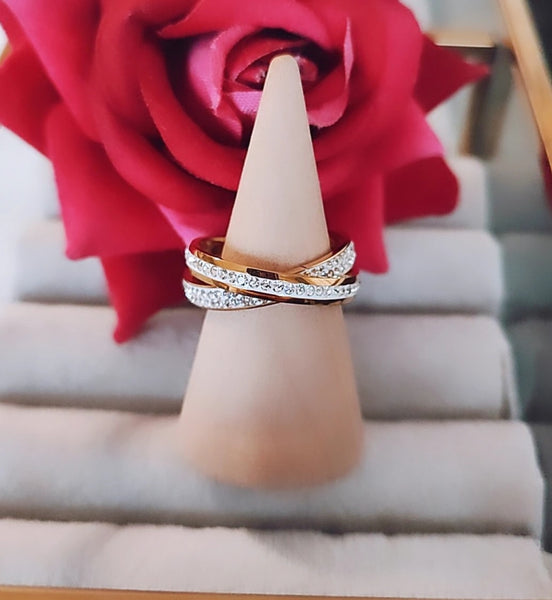 Bague double anneaux en acier inoxydable avec strass